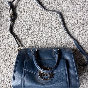 Michael Kors Navy Leather Margo Satchel with Gold Logo Accent